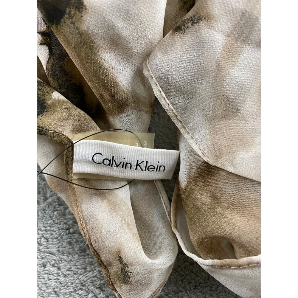 Calvin Klein Womens Abstract Tie Dye Chiffon Scarf Beige Brown Neutral Oblong